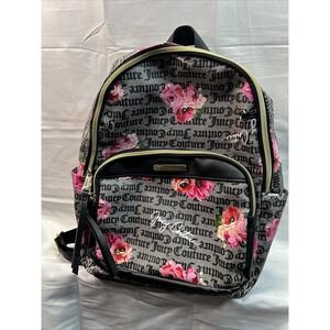 Juicy Couture Mini Backpack Floral Logo Monogram Black Pink Roses Zip Pockets